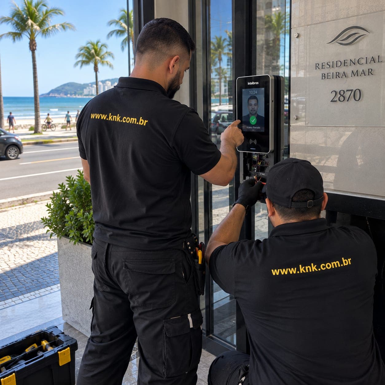 Equipe do Grupo KNK fazendo manutenção no controle de acesso facial de um condomínio