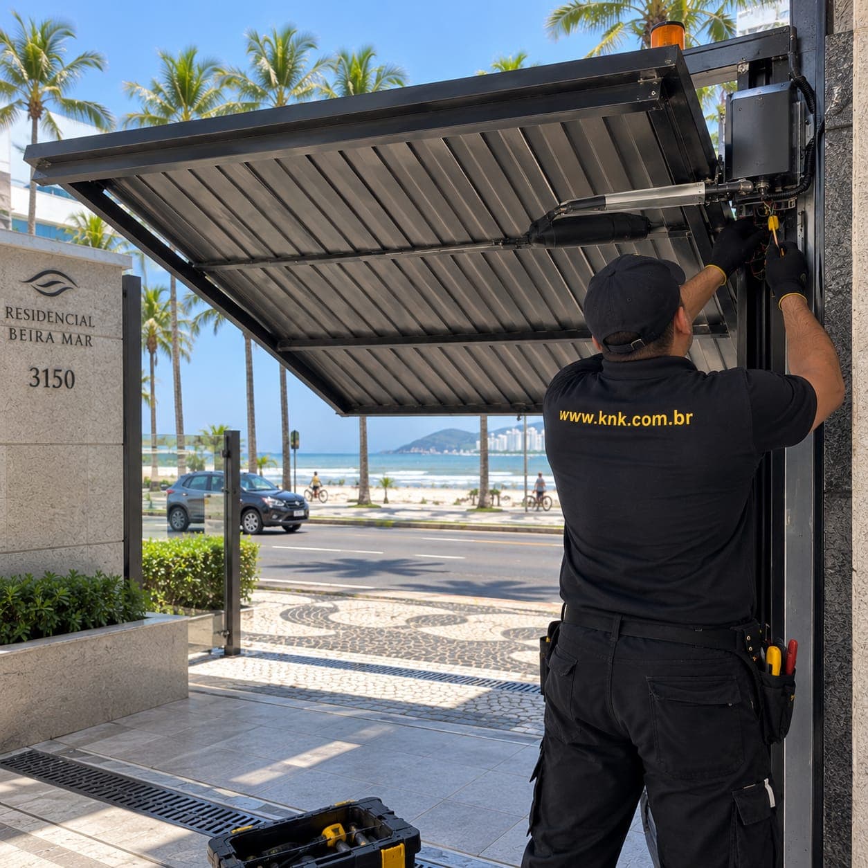 Técnico do Grupo KNK trabalhando no portão basculante de um condomínio à beira-mar