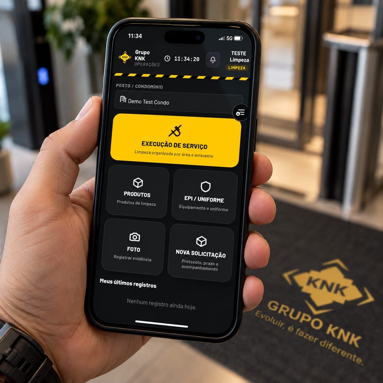 Aplicativo de operações do Grupo KNK para execução de limpeza, produtos, uniforme e registro fotográfico