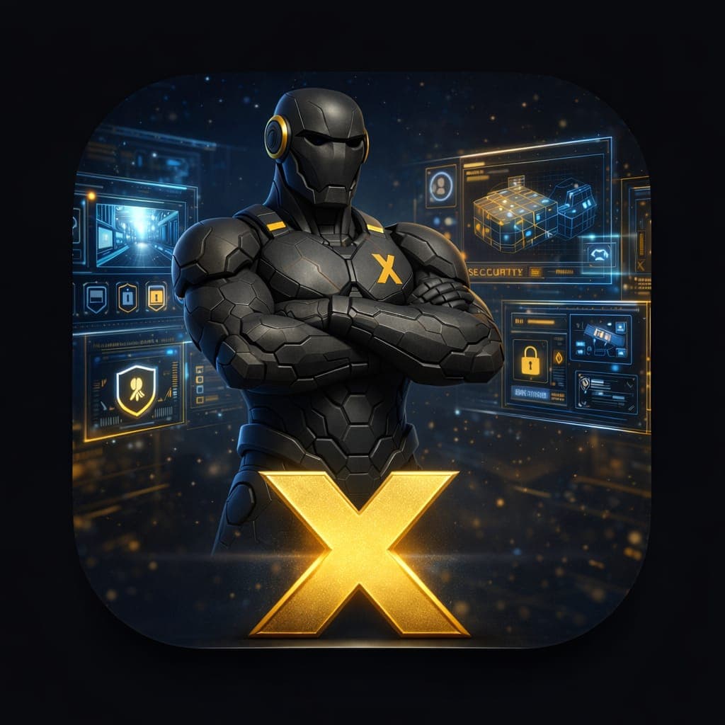Identidade visual do XGUARDIAN com personagem e sistemas de monitoramento