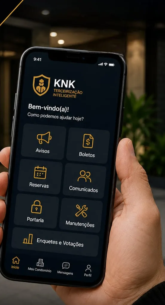 Aplicativo do condomínio do Grupo KNK aberto no celular, com avisos, reservas, portaria e manutenções