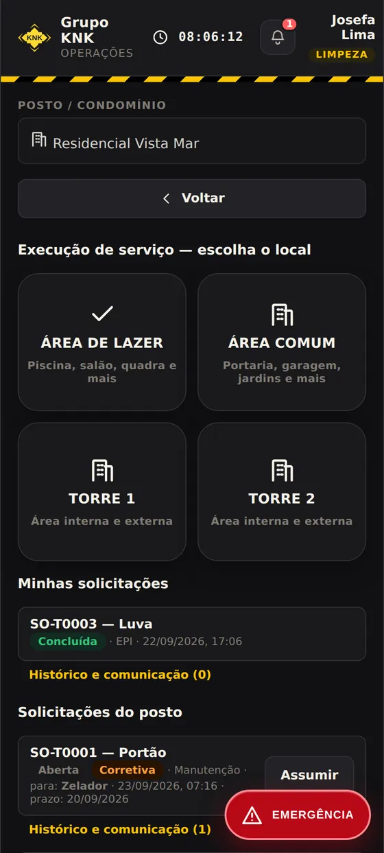 Tela de execução de serviço da limpeza no celular, com escolha de área de lazer, área comum e torres