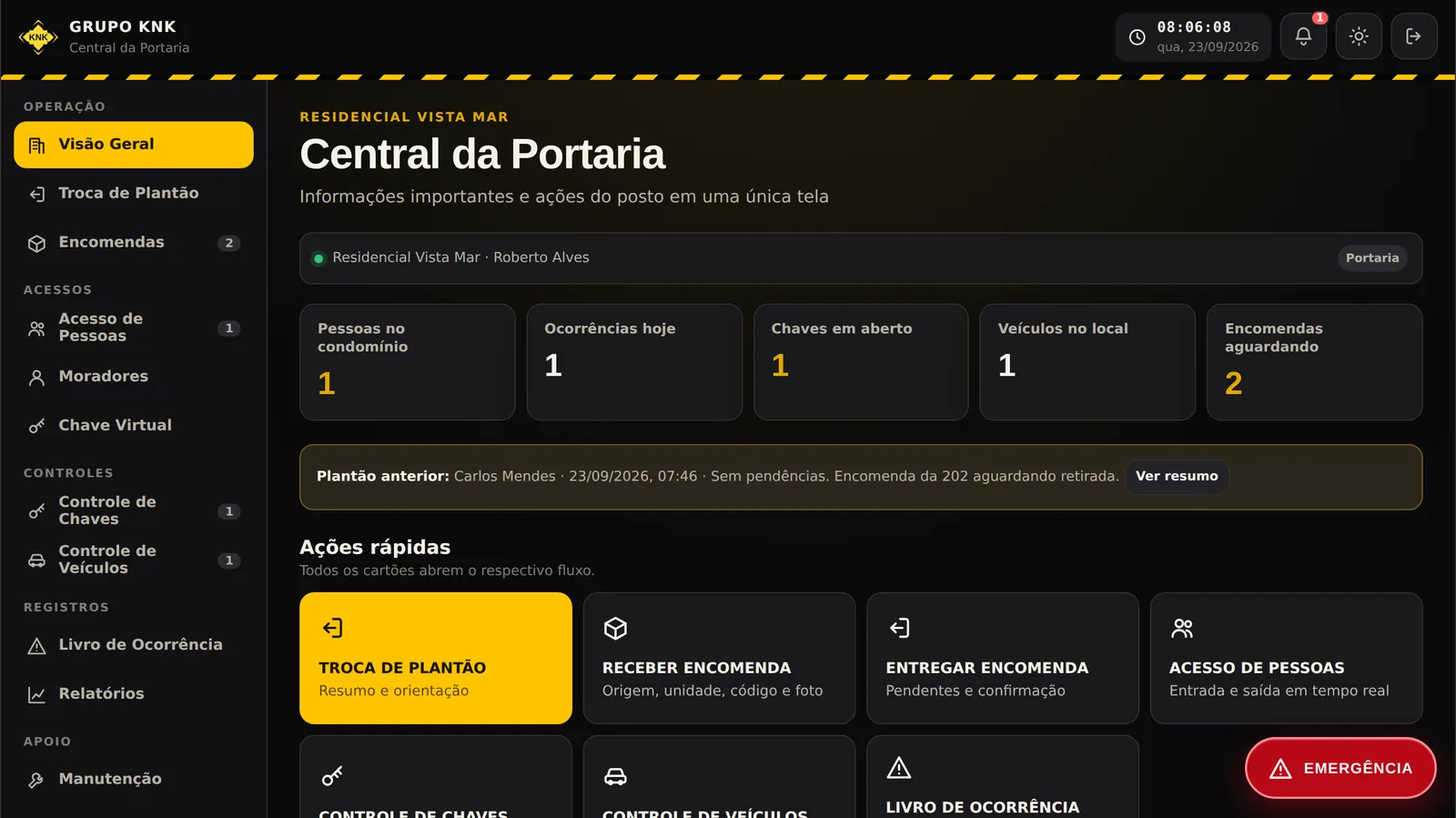 Central da Portaria do aplicativo KNK Operações, com indicadores do posto e ações rápidas