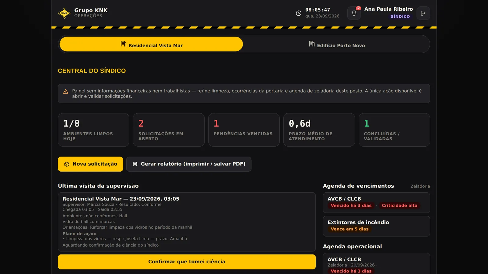 Central do Síndico no computador, com indicadores de limpeza, solicitações e agenda de vencimentos