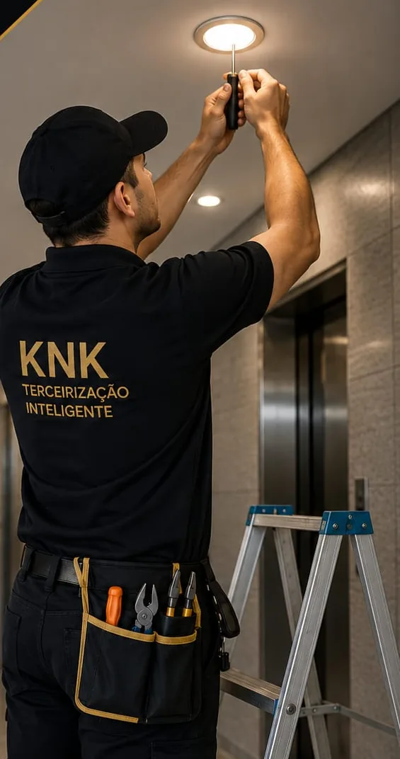 Auxiliar de manutenção do Grupo KNK trocando uma luminária no hall