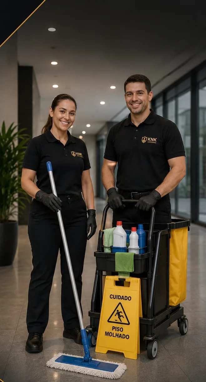 Equipe de limpeza do Grupo KNK com carrinho de higienização no hall do condomínio