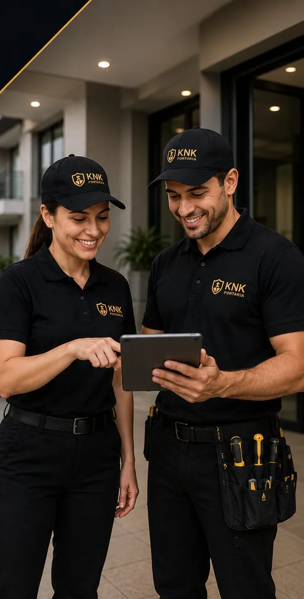 Supervisor e técnica do Grupo KNK conferindo o plano de manutenção em tablet