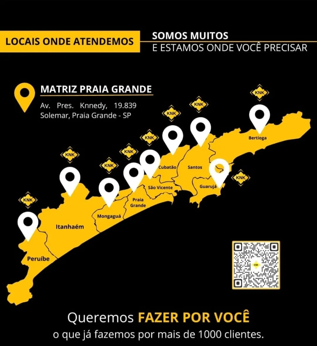 Mapa da Baixada Santista com as cidades atendidas pelo Grupo KNK: Peruíbe, Itanhaém, Mongaguá, Praia Grande, São Vicente, Cubatão, Santos, Guarujá e Bertioga