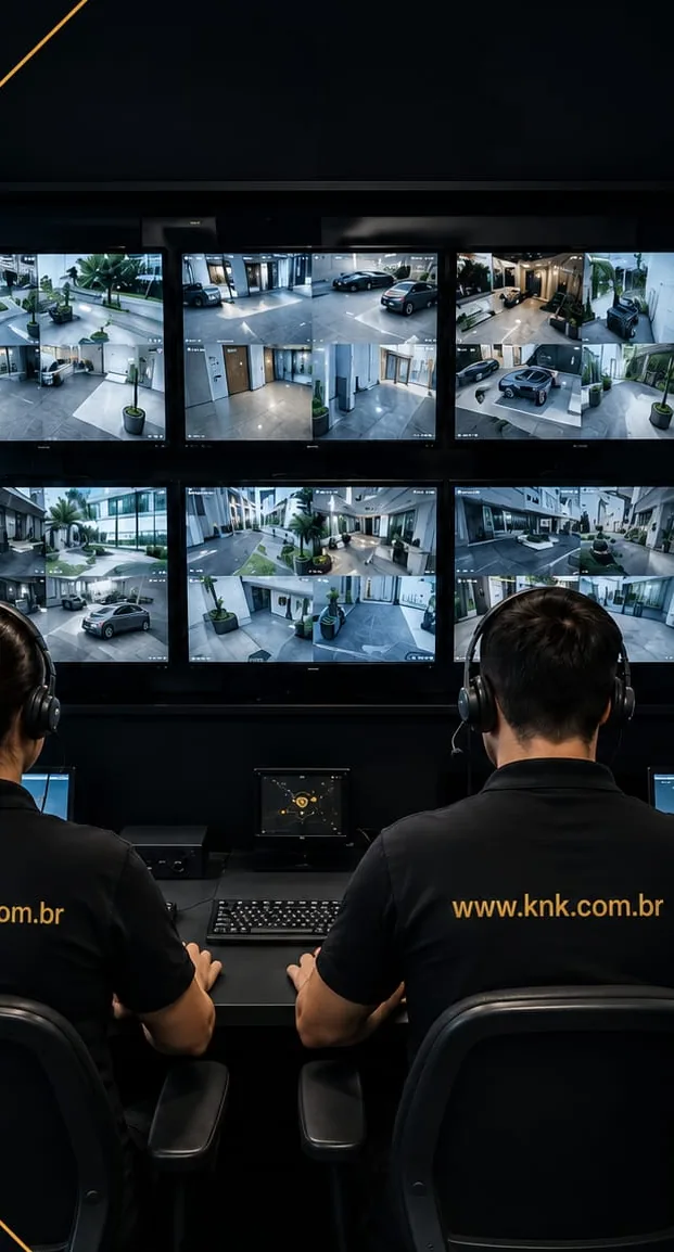 Operadores da central de portaria remota do Grupo KNK acompanhando as câmeras