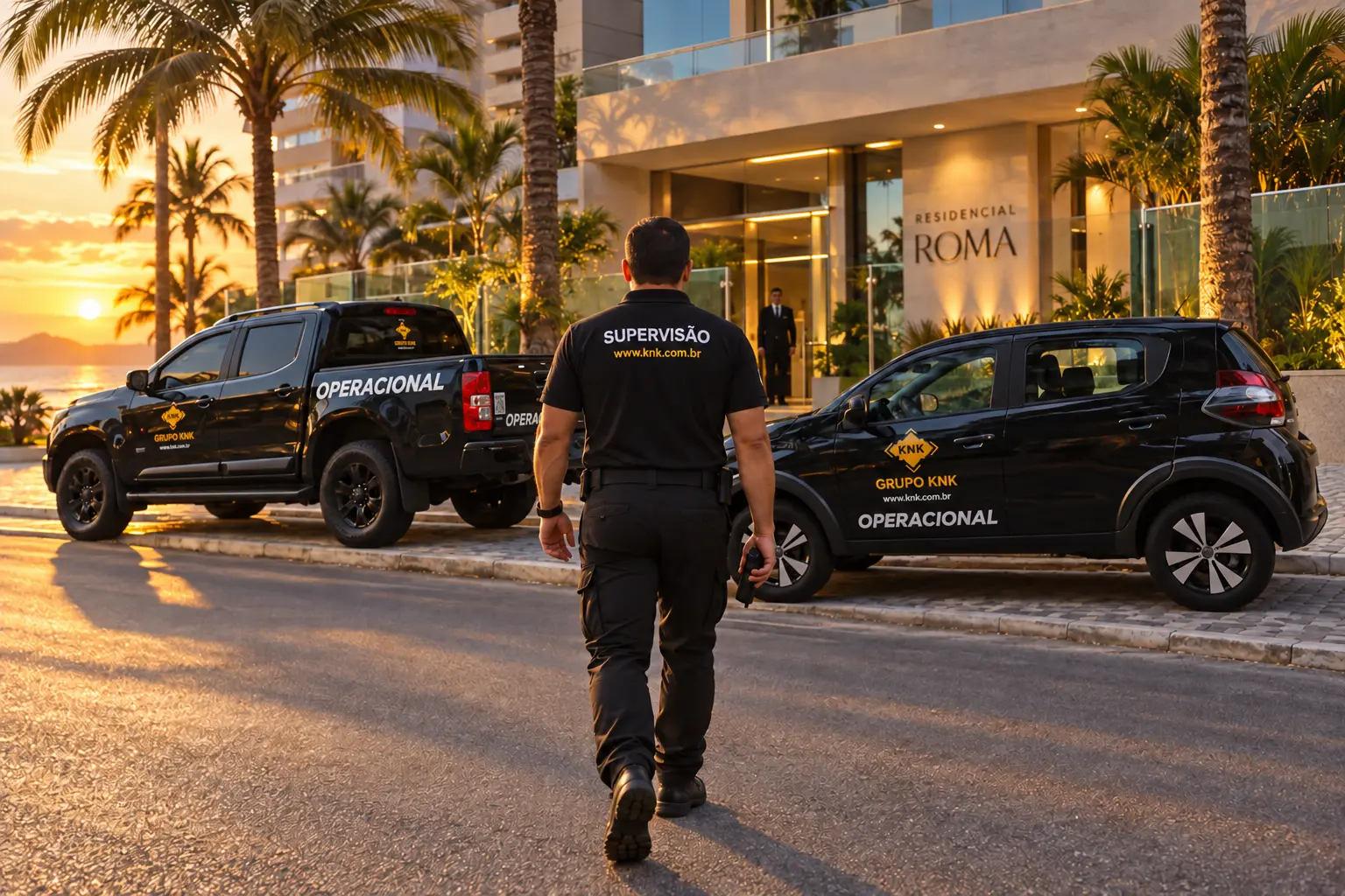 Supervisor do Grupo KNK diante dos veículos operacionais em frente a um condomínio do litoral