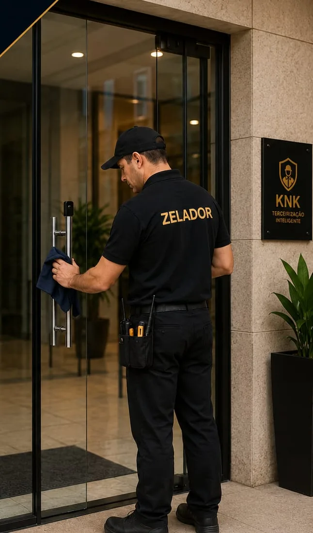 Zelador do Grupo KNK cuidando da entrada de vidro do condomínio