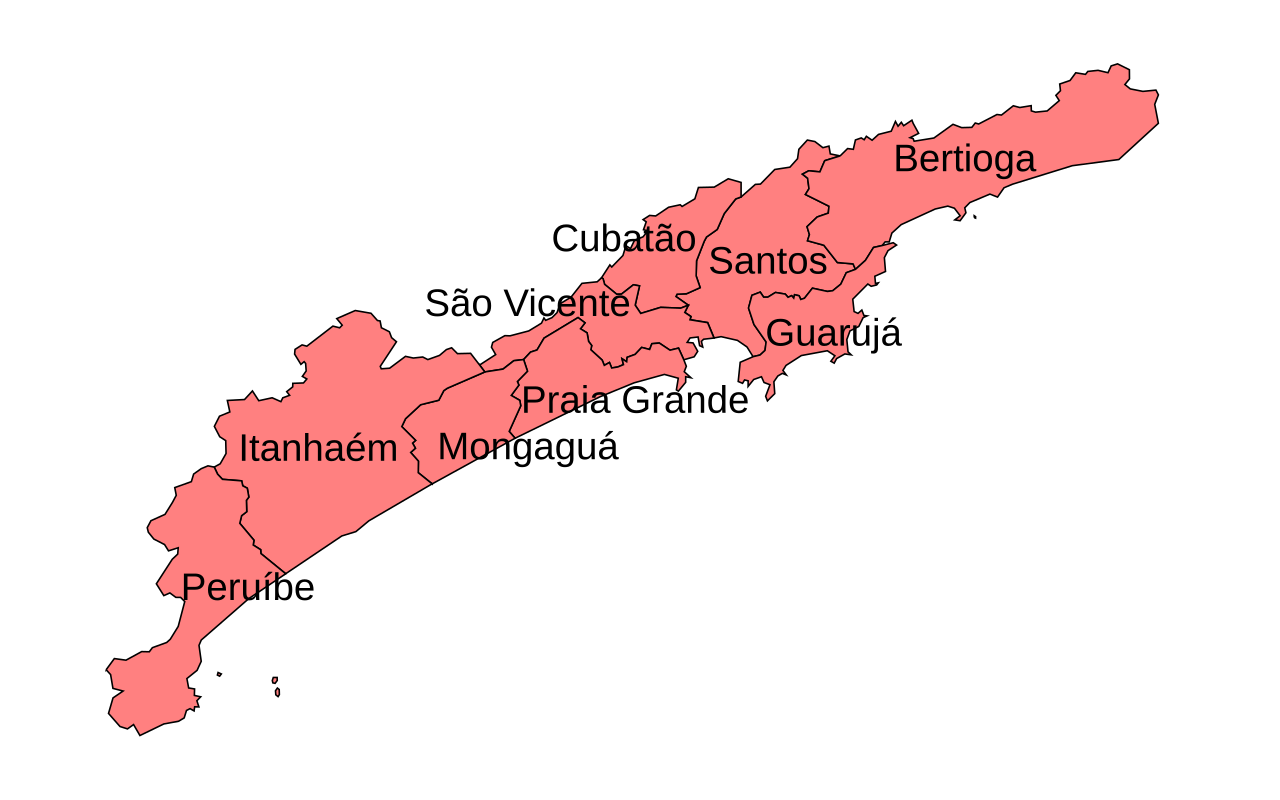 Mapa da Região Metropolitana da Baixada Santista com as cidades atendidas pela KNK